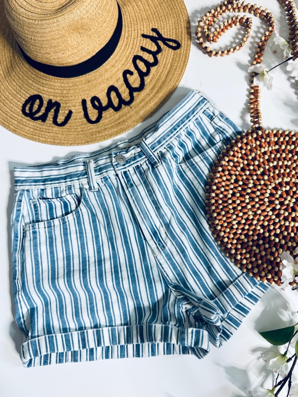 American Eagle Mom Shorts High Rise Striped Denim Blue White Cuffed 6 Coastal